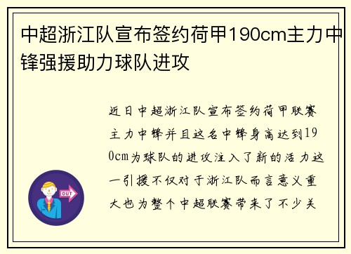 中超浙江队宣布签约荷甲190cm主力中锋强援助力球队进攻