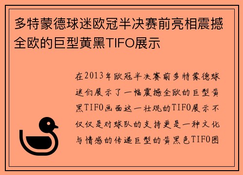 多特蒙德球迷欧冠半决赛前亮相震撼全欧的巨型黄黑TIFO展示